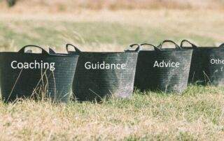 Four black buckets in a field, labelled coaching, guidance, advice & other